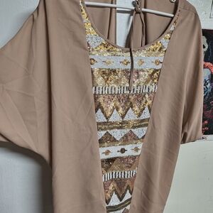 Umgee Tan and Gold Sequin Blouse